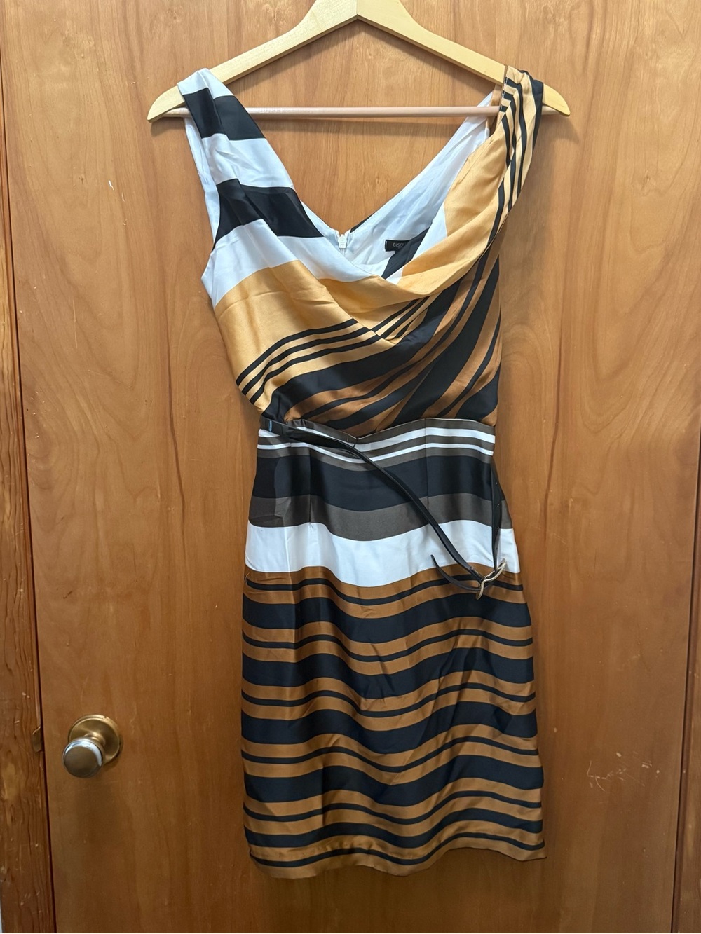 Bisou Bisou Striped Cowl Neck Mini Dress in Mustard, Black & White